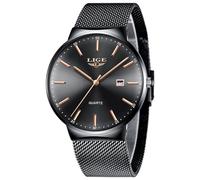LIGE Reloj Hombre Negro, Relogio Homem Cuarzo Analógico, Agujas de Oro Rosa, Acero Inoxidable, Impermeable 3ATM, Regalos de Lujo, Negocios Lujo Aire Libre Ocio