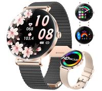 LIGE Reloj inteligente para mujer 2025, 1,43 pulgadas, HD, AMOLED con pantalla de arco circular, color negro y dorado, con función de teléfono, ciclo menstrual/frecuencia cardíaca, IP68, resistente al