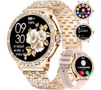 LIGE - Reloj inteligente para mujer, Bluetooth, para Android iOS de 1,32 pulgadas, HD, pantalla completa, smartwatch diamante, acero oro rosa, frecuencia cardíaca, monitor de sueño, podómetro