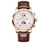 LIGE Reloj para Hombre CronóGrafo Cuarzo con Fecha DiseñO Fases De La Luna Correa De Marrón Cuero Reloj Diari Resistente Al Agua - Relojes Elegantes para Los Negocios Y La Vida Diaria,Oro Blanco