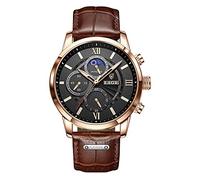 LIGE Relojes para hombre, analógico, de cuarzo, con cronógrafo, puntero luminoso, casual, redondo, para hombre, vestido de cuero, Marrón-negro, Clásico