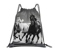 Ligero Mochila Cuerda Impresión de Caballos Corriendo en Blancos y Negro Moderno Bolsa de Cordón para Viaje Mujer Acampada 36X42cm