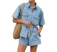 Light Blue,L,Conjuntos Vaqueros de Dos Piezas para Mujer: Camisa de Manga Corta y Pantalones Cortos, Conjunto Vaquero, chándal Informal para Salir