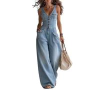 ,Light Blue,S,Mono de Mujer Elegante sin Mangas de Mezclilla para Mujer, Mono de Jean con Escote en V y Pierna Ancha, atuendos de Verano con Bolsillos