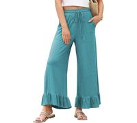 ,Light Blue,S,Pantalones de Verano para Mujer con Volantes y Corte de Nueve Puntos, Pantalones de Pierna Ancha, Delgados, Sueltos, Casuales para casa, Transpirables, usables Fuera