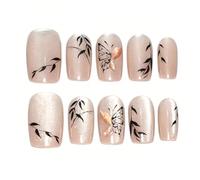 Light Gold Handmade Press On Nails Medium Square 10Pcs Fake Nails Hand-Painted Black Butterfly Luxury Glue on Nails Reusable Acrylic False Nails Manicure Kits with Cute Design for Women