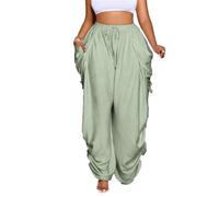 ,Light Green,M,Pantalones de Pierna Ancha Casuales para Mujer de Verano con Cintura Alta, Pliegues y cordón, Sueltos y con Bolsillos