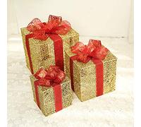 Light Up Present Boxes Christmas,3 Christmas Parcel Lights,With Pre-Lit Fairy Lights,Bows,For Christmas Tree Indoor/Outdoor, LJJY-KK, Gold