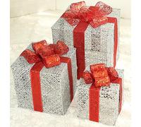 Light Up Present Boxes Christmas,3 Christmas Parcel Lights,With Pre-Lit Fairy Lights,Bows,For Christmas Tree Indoor/Outdoor, LJJY-KK, Silver