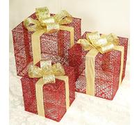 Light Up Present Boxes Christmas,3 Christmas Parcel Lights,With Pre-Lit Fairy Lights,Bows,For Christmas Tree Indoor/Outdoor, LJJY-KK, Red