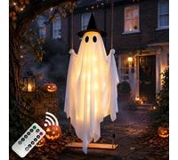 Light Up Swinging Ghost Halloween Decoration, Large Hanging Cloth Specter with LED Warm Lights, for Garden Tree Porch Halloween Party Display, A Warm and Cozy Atmosphere (Hat Ghost,Can be Sat on)