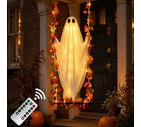 Light Up Swinging Ghost Halloween Decoration, Large Hanging Cloth Specter with LED Warm Lights, for Garden Tree Porch Halloween Party Display (Maple Leaves,Cannot be Sat on)
