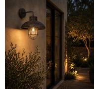 Lightbox Außen Wandlampe | 29 x 24 cm | spritzwassergeschützte Outdoor Wandleuchte (1 x E27 Fassung) | hängende Vintage Lampe als Haustürbeleuchtung |aus Metall und Glas in Braun