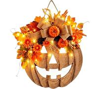 Lighted Burlap Pumpkin Wreath, Fall Harvest Home Decor(A)