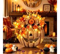 Lighted Burlap Pumpkin Wreath with 2m String of Lights，Light,1