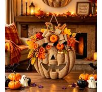 Lighted Burlap Pumpkin Wreath with 2m String of Lights，no lihght,1