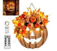 Lighted Burlap Pumpkin Wreath with Remote Control,Farmhouse Burlap Pumpkin Halloween Wreath,Autumn Leaves, Orange Flower, Berries and Pinecone,for Porch Corridor Home Decor