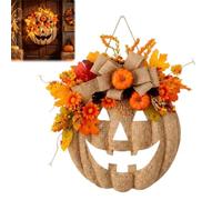 Lighted Burlap Pumpkin Wreath with Remote Control,Farmhouse Burlap Pumpkin Halloween Wreath,Autumn Leaves, Orange Flower, Berries and Pinecone,for Porch Corridor Home Decor