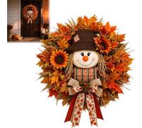 Lighted Scarecrow Fall Wreath for Front Door, Autumn Harvest Sunflower Maple Wreaths and Farmhouse Burlap Bow & Autumn Leaf Decor for Porch, Thanksgiving Seasonal Decor for Indoor Outdoor