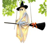 Lighted Swinging Ghost - Halloween Flying Witch Prop, 160cm Remote Control LED Hanging Ghost with Witch Broom, Swinging Halloween Yard Decoration for Garden, Porch, Patio, Front Door & Haunted House