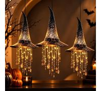 Lighted Witch Hat Hanging Chime, LED Halloween Hanging Decor | DIY Lighted Witch Hat Hanging Chime, Glowing Star Tassel,Indoor Outdoor Spooky Halloween Decoration(3pcs)