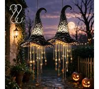 Lighted Witch Hat Hanging Chime with Glowing Stars for Porch Window (2PCS)