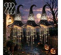 Lighted Witch Hat Hanging Chime with Glowing Stars for Porch Window (3PCS)