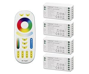 LIGHTEU®, Milight Miboxer Kit Mando a Distancia pack de 4 Controladores de Tira LED RGBCCT y 1 Mando a Distancia LED RGBCCT de 4 Zonas 4x fut039S + fut092