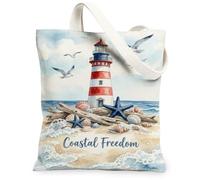 Lighthouse - Bolsa de lona para mujer, diseño de conchas náuticas costeras, estrellas de mar, color azul, lavable, reutilizable, bolsa de mercado, ideas para familiares, amigos, colegas, lectura, amor
