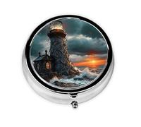 Lighthouse in The Rough Sea - Pastillero redondo de metal ecológico con 3 compartimentos para el hogar, oficina, viajes, medicina