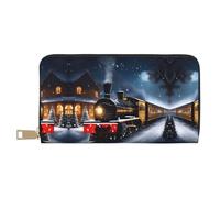 Lighthouse - Monedero largo con estampado de pintura de diamante para mujer en piel sintética con cremallera, Tren de ferrocarril de invierno, Navidad, nieve, noche, Talla única
