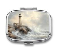 Lighthouse on The Rocky Coastline - Pastillero vintage con 2 compartimentos, portátil, organizador de píldoras de viaje para bolso de bolsillo