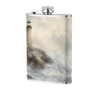 Lighthouse On The Rocky Coastline - Petaca de bolsillo vintage de 8 onzas, banderas de acero inoxidable para papá, padrino de boda, viajes, camping