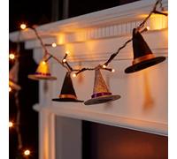 Lights4fun 10 luces LED de fieltro con diseño de sombrero de brujas, funciona con pilas, decoración de Halloween para uso en interiores, 1,8 m