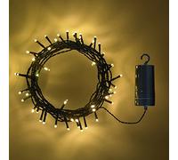 Lights4fun 2 Guirnaldas de 50 LED blanco cálido a pilas para uso en exteriores