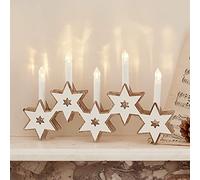 Lights4fun Adorno de Navidad Candelero de Madera con Estrellas y 5 Velas con LED Blancos Cálidos a Pilas para Interiores