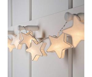 Lights4fun Cadena de Luces con 10 LED Blanco Cálido en Estrellas de Papel Blancos a Pilas con Temporizador Luz Nocturna Decoración para Dormitorio Infantil