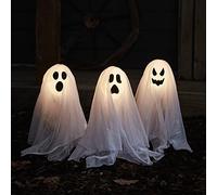 Lights4fun Conjunto de 3 Fantasmas Balizas con LED Blanco Cálido a Pilas para Uso en Exteriores