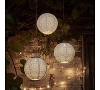 Lights4fun Conjunto de 3 Farolillos Chinos Solares Tyvek Color Blanco con LED Blancos Cálidos para Exteriores