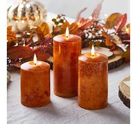 Lights4fun Conjunto de 3 Velas Pilar TruGlow® Color Naranja con Efecto Moteado a Pilas para Uso en Interiores