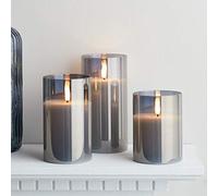 Lights4fun Conjunto de 3 Velas TruGlow® en Cera Blanca con Velero en Vidrio Gris Ahumado y LED Blancos Cálidos a Pilas para Interiores con Mando a Distancia