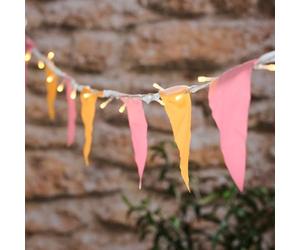 Lights4fun Guirnalda luminosa de banderines con 50 luces LED de color blanco cálido, funciona con pilas y temporizador, decoración para primavera y verano, interior y exterior, jardín, color rosa y