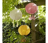 Lights4fun Juego de 3 Farolillos Solares de Color Rosa, Crema y Mostaza con Ledes Blancos Cálidos para Exteriores