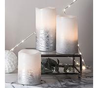 Lights4fun Juego de 3 Velas Pillar LED a Pilas en Cera Blanca con Efecto Ombré Plateado