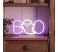 Lights4Fun Luz de Neón ‘BOO’ Fantasma para Halloween, Luces Neón Flex, Enchufe con Interruptor Basculante y Base, Decoración de Fiesta, Arte de Pared, Decoración Estacional - 25 cm de Ancho