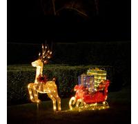 Lights4fun Reno al Galope Iluminado y Trineo Lleno de Regalos 1 m con 150 Luces LED de Color Blanco Cálido con Temporizador Decoración Navideña para Interior y Exterior