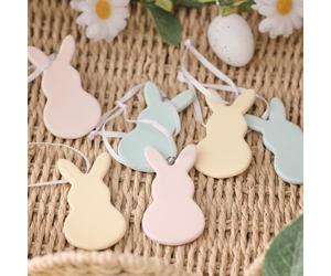Lights4fun Set de 6 Decoraciones de Pascua Colgantes en Forma de Conejitos de Colores Pastel de Cerámica Decoración de Pascua para Interiores