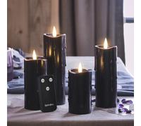 Lights4fun TruGlow® Juego de 4 Velas con LED Llama Parpadeante en Vera Cera Negra Goteante a Pilas con Temporizador y Mando a Distancia Decoración de Halloween para Interiores