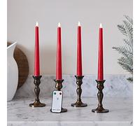 Lights4fun TruGlow® Juego de 4 Velas Cónicas Sin Llama a LED Blanco Cálido a Pilas en Cera Real Roja con Temporizador y Mando a Distancia Decoración Navideña