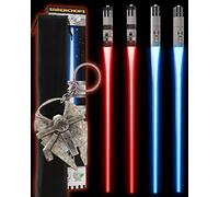 Lightsable Palillos de Star Wars Regalos con luz LED reutilizables para picar palillos de sable de luz, mango extraíble, apto para lavaplatos, rojo y azul, 2 pares y llavero de halcón milenio gratis, abridor de botellas